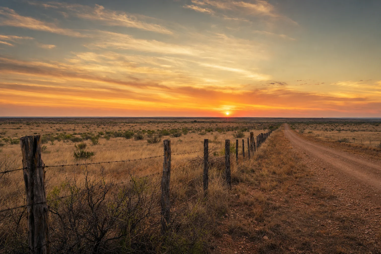 West Texas arid ranch land with barbed wire fence and dirt road at sunset